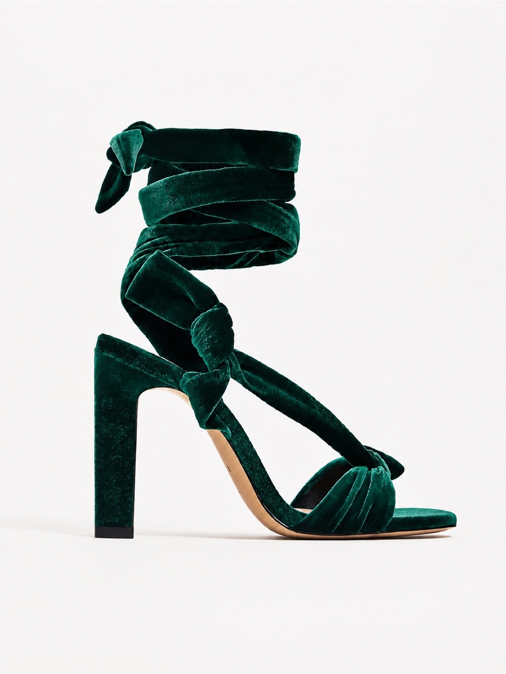 ZARA TRF Emerald Green Velvet Bow Lace-Up Heels Size 39